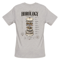 Horology short-sleeve crewneck graphic T-shirt in Ash featuring an exploded mechanical watch movement back graphic.