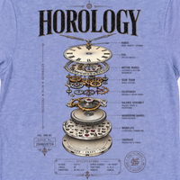 Detail view of the exploded mechanical watch movement back graphic on the Horology short-sleeve crewneck graphic T-shirt in Heather Blue.