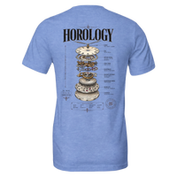Horology short-sleeve crewneck graphic T-shirt in Heather Blue featuring an exploded mechanical watch movement back graphic.