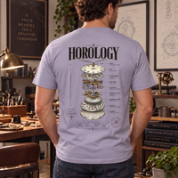 Man wearing the Horology short-sleeve crewneck graphic T-shirt in Heather Blue in a horology-inspired setting.