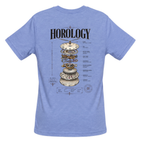 Horology short-sleeve crewneck graphic T-shirt in Heather Blue featuring an exploded mechanical watch movement back graphic.