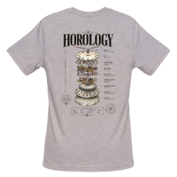 Horology short-sleeve crewneck graphic T-shirt in Heather Dust featuring an exploded mechanical watch movement back graphic.