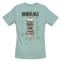 Horology short-sleeve crewneck graphic T-shirt in Heather Mint featuring an exploded mechanical watch movement back graphic.