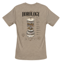 Horology short-sleeve crewneck graphic T-shirt in Tan featuring an exploded mechanical watch movement back graphic.